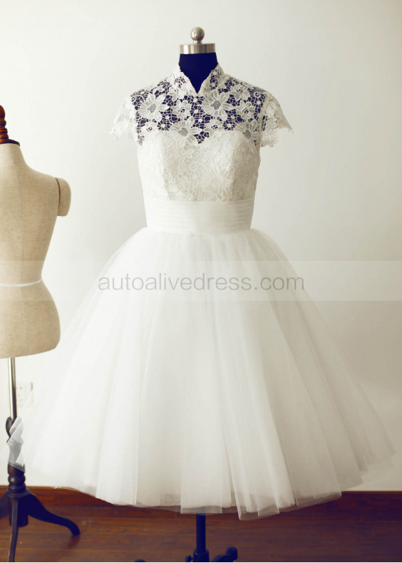 High Neck Ivory Lace Tulle Tea Length Wedding Dress